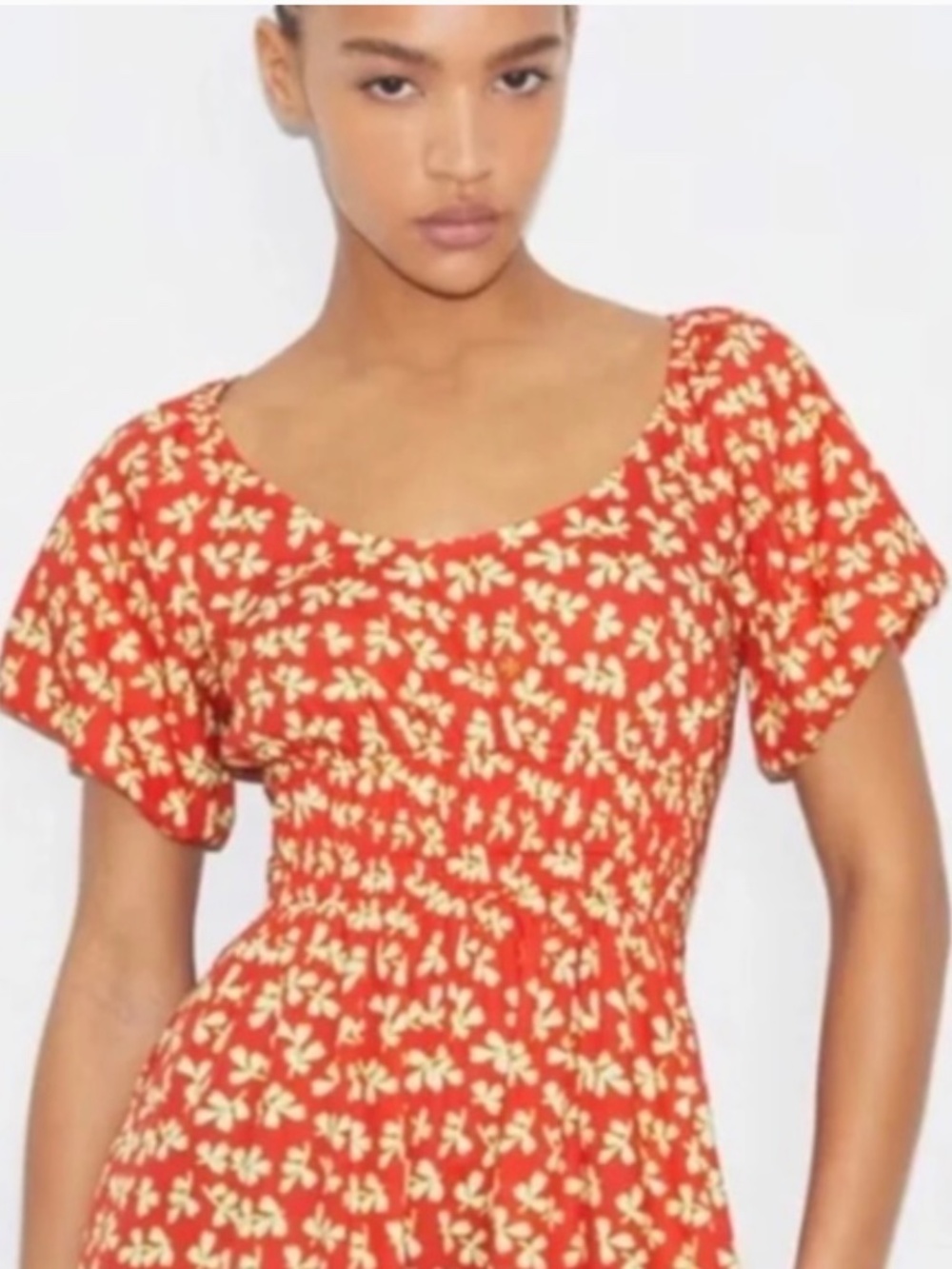 Tory Burch Red Floral Little Leaves Smocked Midi Dress Pockets Size 2 NWOT - Picture 5 of 9